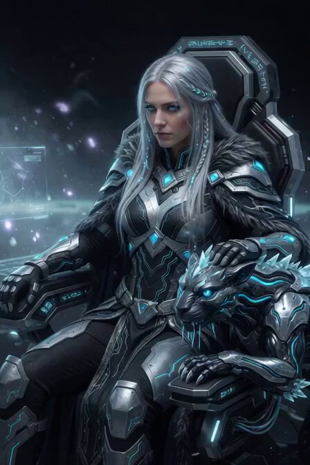 The image features a woman with long blonde hair wearing a futuristic outfit, sitting on a chair. She has blue eyes and is looking directly at the camera. The background of the image is dark, creating an atmosphere that complements her appearance. There are also some text elements in the image, including "Grok 4.3" written below the woman's head.