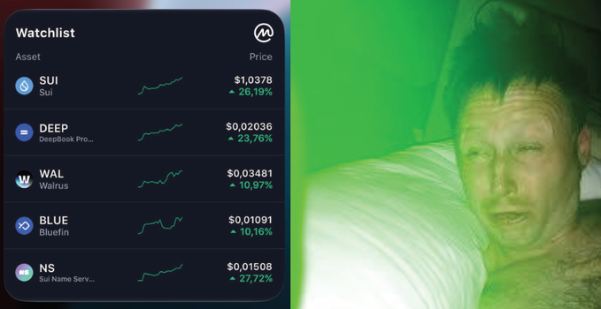 A split image showing a crypto watchlist on the left displaying assets SUI ($1,0378, +26,19%), DEEP, WAL, BLUE, and NS, alongside a heavily green-tinted photo of a man's face on the right.