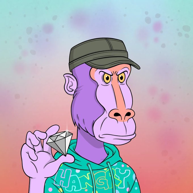 A cartoon illustration of a purple monkey wearing a green cap and a graffiti-style hoodie, holding up a sparkling diamond against a pastel background.