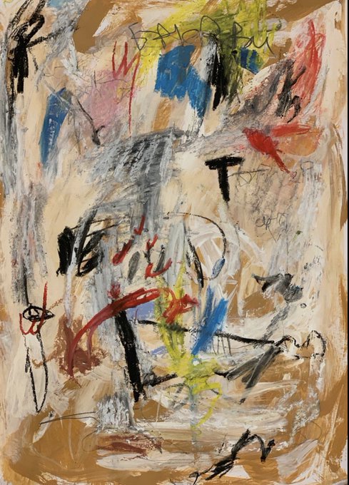 An abstract expressionist painting featuring bold brushstrokes and scribbles in red, blue, yellow, and black against a tan background.