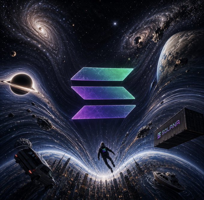 A cosmic space-themed digital artwork featuring the Solana logo prominently in the center, with galaxies, planets, a black hole, an astronaut, a cityscape, and a shipping container labeled 'SOLANA'.
