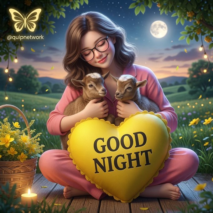 The image features a woman sitting on a wooden platform or dock holding two goats while wearing glasses and pink pajamas. The scene includes a heart-shaped pillow, which has the words "Good Night" written on it. The background of the image is dark with trees visible in the distance, creating an atmosphere that complements the overall theme of the post.