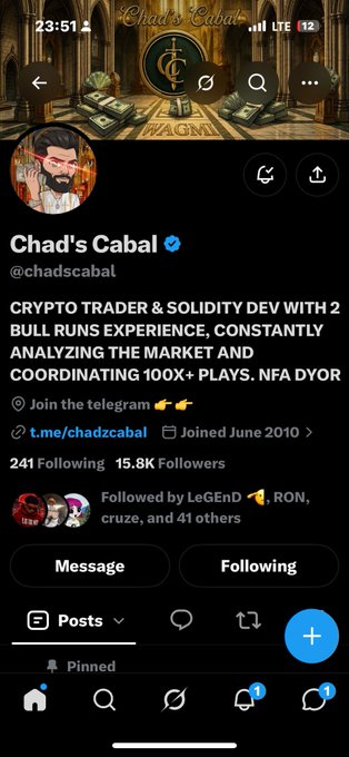 A Twitter profile page for 'Chad's Cabal' (@chadscabal) with a verified blue checkmark, describing a 'CRYPTO TRADER & SOLIDITY DEV WITH 2 BULL RUNS EXPERIENCE', showing 241 Following and 15.8K Followers.