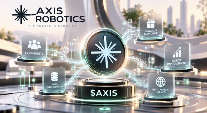 A promotional graphic for 'AXIS ROBOTICS - THE FUTURE IS ROBOTICS' featuring a central $AXIS token surrounded by holographic icons labeled Community, Data Contribution, Rewards & Airdrop, Robot Improvement, and Real World Impact.