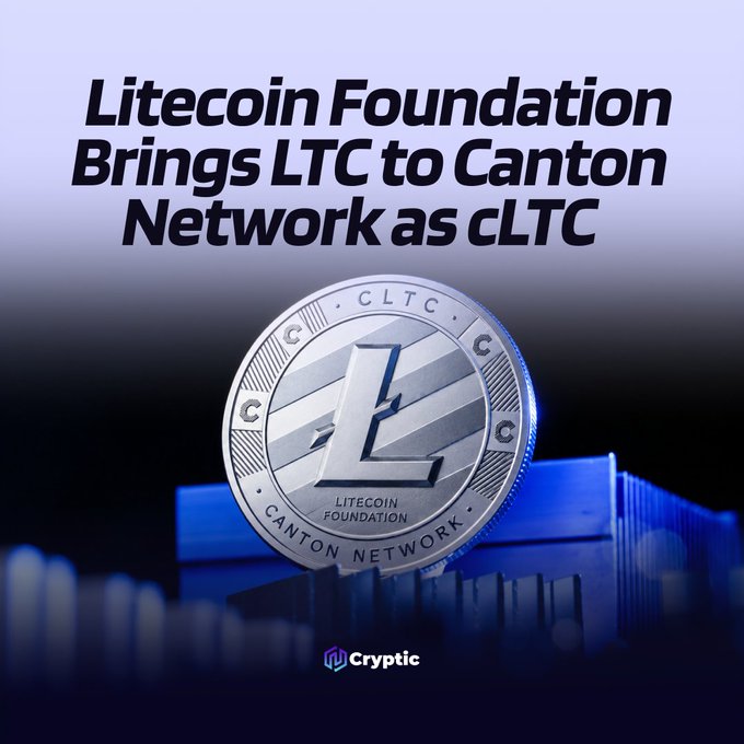 A promotional graphic from Cryptic announces "Litecoin Foundation Brings LTC to Canton Network as cLTC," featuring a stylized silver cLTC coin inscribed with "CANTON NETWORK" and "LITECOIN FOUNDATION" resting atop a blue shipping container, visually symbolizing the integration of Litecoin into institutional financial infrastructure.