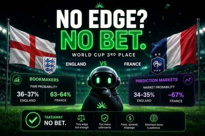 A sports betting graphic titled 'NO EDGE? NO BET.' showing a World Cup 3rd Place match between England and France, with bookmakers giving France a 63-64% fair probability and prediction markets showing ~67%.