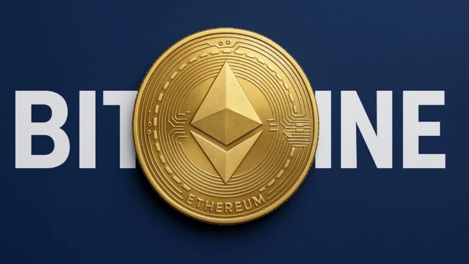 The image features a golden coin with an intricate design of a triangle, which is the main focus of the scene. The word "BITMINE" is written below the coin, indicating that it's related to Bitcoin or cryptocurrency. The background color is blue, and there are two lines in the image - one on the left side and another on the right side. These lines appear to be part of a logo for BitMINE, which is an investment platform focused on Bitcoin and other cryptocurrencies.