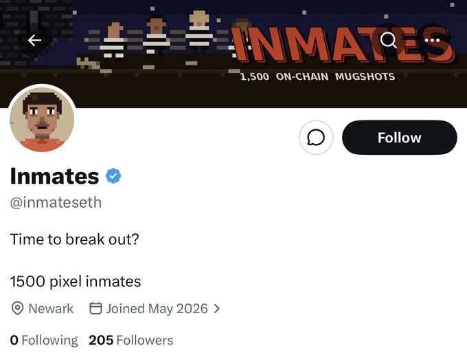 A social media profile page for 'Inmates' (@inmateseth), a collection of 1,500 on-chain pixel mugshots, based in Newark, with 205 followers and a 'Follow' button visible.