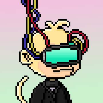 A pixel art illustration of a monkey or ape character wearing red headphones, cyan digital sunglasses (glitch effect), and a black shirt, against a pastel pink and blue gradient background.