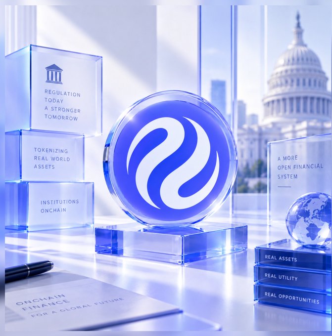 A promotional graphic featuring the same blue and white logo in a glass sphere, surrounded by blocks labeled with terms like 'REGULATION TODAY', 'TOKENIZING REAL WORLD ASSETS', 'INSTITUTIONS ONCHAIN', and 'A MORE OPEN FINANCIAL SYSTEM', with the US Capitol visible in the background.