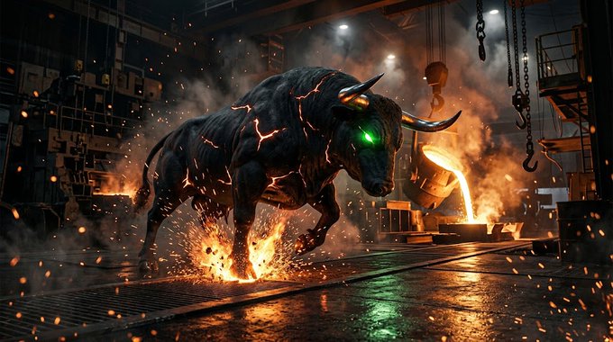 A dramatic dark digital artwork depicts a black bull with glowing orange cracks and green eyes charging through flames in an industrial setting.