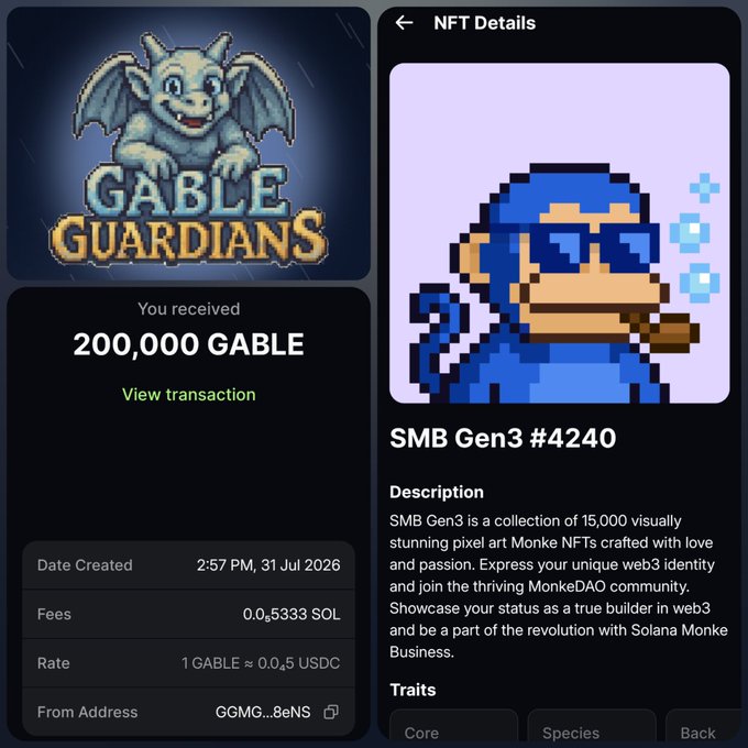 Two mobile app screenshots: a transaction confirmation showing 'You received 200,000 GABLE' from the Gable Guardians collection, and an NFT detail page for 'SMB Gen3 #4240,' a pixel-art blue monkey NFT from the Solana Monkey Business collection.