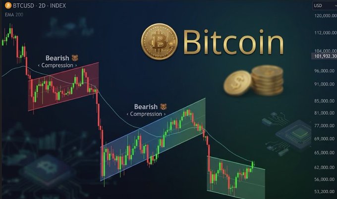 A BTCUSD 2D chart displaying Bitcoin price action with two highlighted 'Bearish Compression' patterns and a current price around $101,932.30.