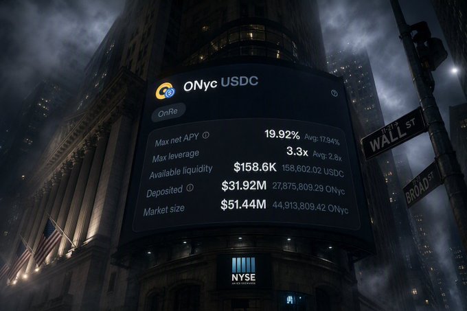 A digital billboard on Wall Street showing 'ONyc USDC' financial metrics, including a Max net APY of 19.92%, Max leverage of 3.3x, and Available liquidity of $158.6K.