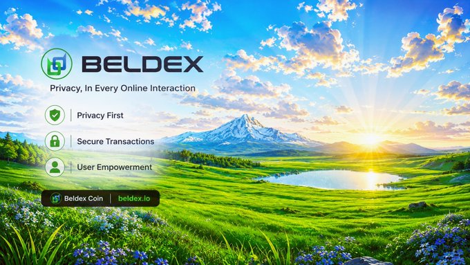 A scenic landscape with snow-capped mountains, a glistening lake, and a vibrant sunset serves as the backdrop for the BELDEX logo and tagline "Privacy, In Every Online Interaction," alongside three privacy-focused icons labeled "Privacy First," "Secure Transactions," and "User Empowerment," with a banner reading "Beldex Coin | beldex.io," visually reinforcing the post's message that Beldex offers a comprehensive privacy ecosystem beyond just transactions, including tools like BChat, BelNet, and BNS for secure messaging, browsing, and digital identity.