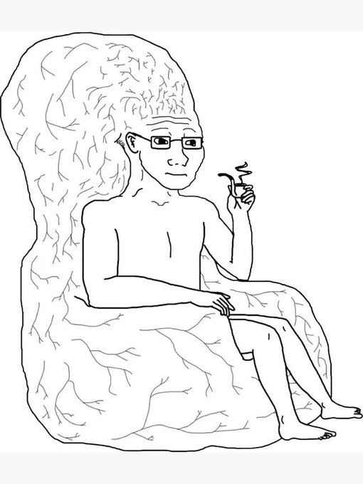 The image features a black and white line drawing of an older man sitting in a chair, holding a pipe or cigar up to his mouth while wearing glasses. The man appears to be looking down at something below him, possibly a book. The image is accompanied by text that reads "Happy weekend CT of @wallchain Will you be touching grass today or you be waiting for the WallChain next announcement on the select campaign". This suggests that the post might be related to an event or promotion happening in the near future, and the man's presence could be a part of it.