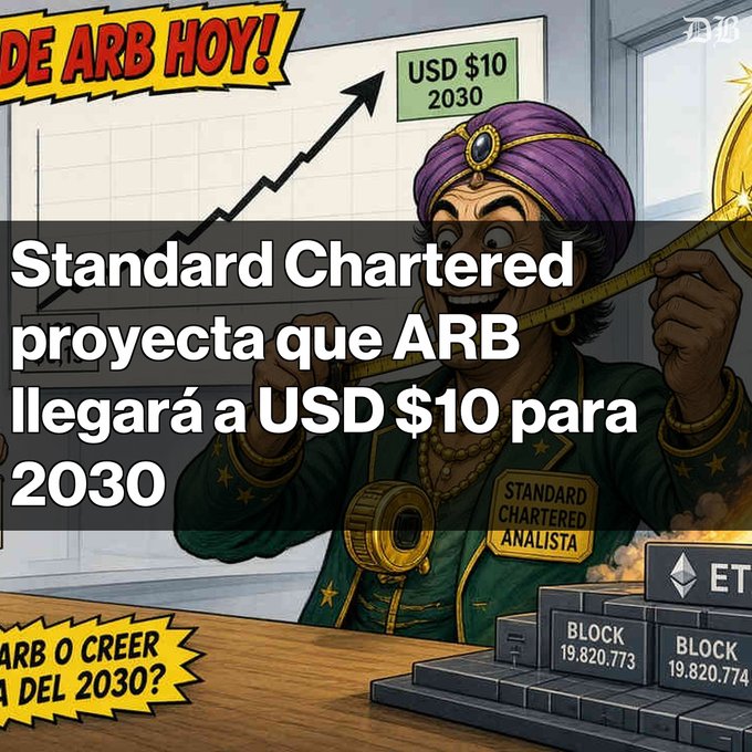 A thumbnail-style graphic featuring a cartoon 'Standard Chartered Analista' character with a measuring tape and coins, with Spanish text translating to 'Standard Chartered projects that ARB will reach USD $10 by 2030' and 'ARB to believe by 2030?' over a chart showing 'USD $10 2030'.