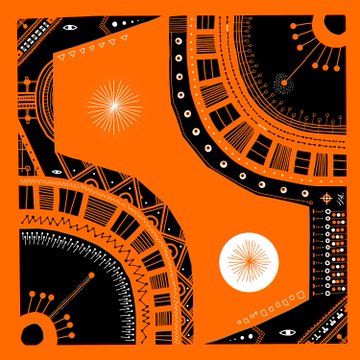 An orange and black geometric pattern featuring stylized circular mandala-like designs, stars, and decorative elements with small eye motifs.