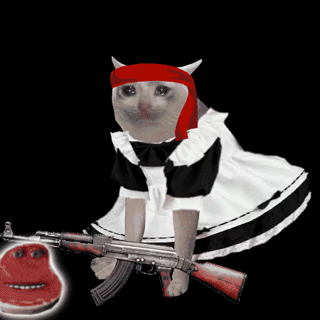 A cat wearing a red beanie and black-and-white maid dress holds an AK-47 alongside a small red "Annoying Orange"-style character, humorously embodying the post's "we don't negotiate with terrorists" stance tied to the $CASHCAT meme token.