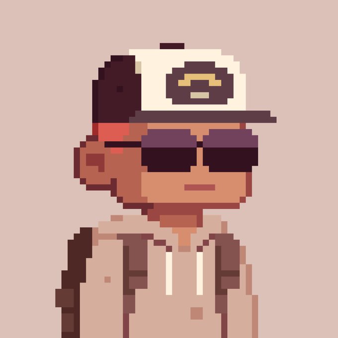 A pixel art illustration of a character wearing a backwards white baseball cap with a gold logo, dark sunglasses, and a brown hoodie against a beige background.