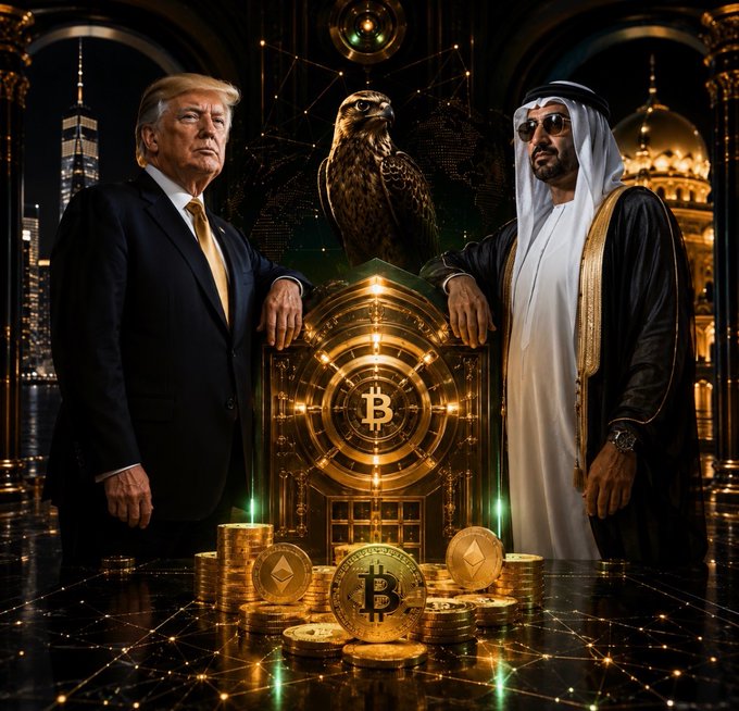 Donald Trump and Sheikh Tahnoon bin Zayed stand beside a golden vault emblazoned with the Bitcoin logo and surrounded by stacks of Bitcoin and Ethereum coins, illustrating the convergence of crypto, money, and geopolitical power.