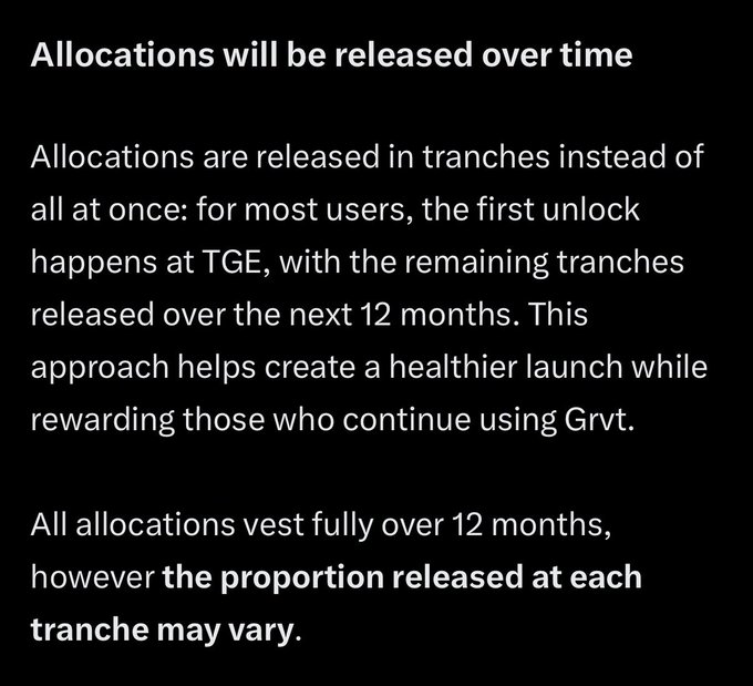 A black-background informational slide titled 'Allocations will be released over time,' explaining that token allocations are released in tranches over 12 months starting at TGE.