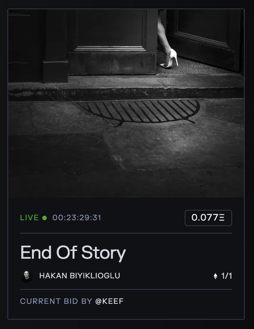 A black-and-white NFT listing titled "End Of Story" by HAKAN BIYIKLIOGLU, showing a live countdown timer at 00:23:29:31, a current bid of 0.077Ξ by @KEEF, marked 1/1.
