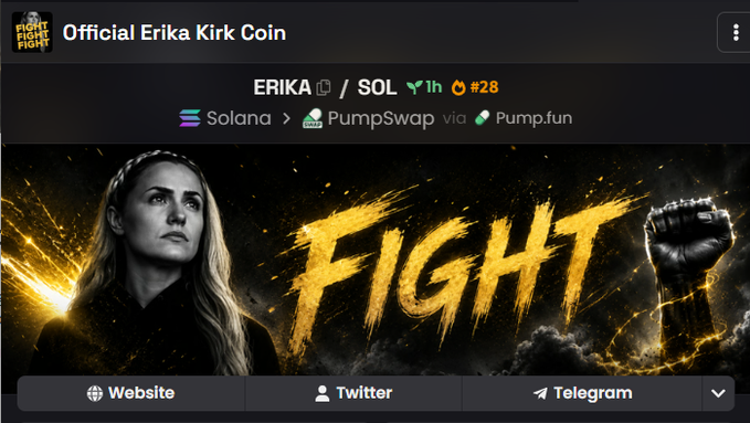 A screenshot of a cryptocurrency token page titled 'Official Erika Kirk Coin' (ERIKA/SOL) showing the FIGHT FIGHT FIGHT logo, available on Solana via PumpSwap and Pump.fun with social links for Website, Twitter, and Telegram.