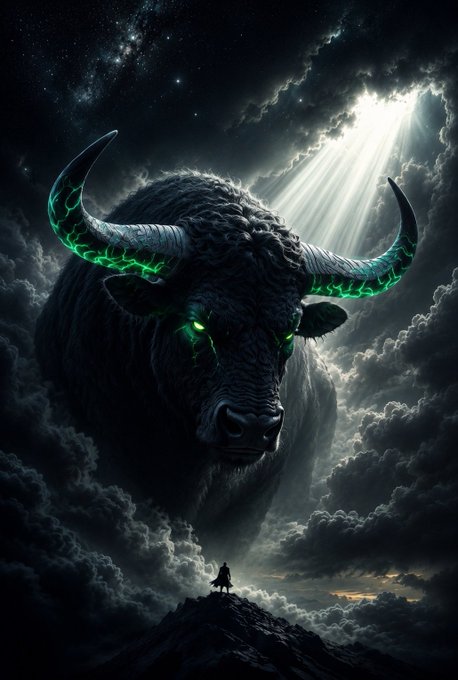 A dramatic digital artwork depicts a massive, shadowy bull-like creature with glowing green horns and eyes emerging from dark storm clouds, while a small figure stands on a rocky peak below a beam of light.