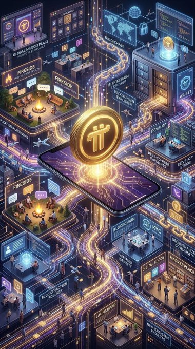 A futuristic digital landscape featuring interconnected platforms labeled "GLOBAL MARKETPLACE," "FIRESIDE," "BLOCKCHAIN," "WALLET," "KYC," and "DEVELOPER ZONE," all linked by glowing data streams that converge on a glowing Pi (π) coin resting on a smartphone. The image visually represents the Pi Node ecosystem as the central hub powering decentralized commerce, identity verification, development, and community engagement—aligning with the post's emphasis on a properly functioning Pi Node as a quietly active backbone of the Pi Network's broader infrastructure.