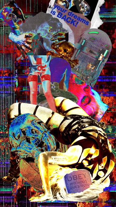 A chaotic digital collage features distorted figures, glitch effects, and text reading 'your dreams is BACK!' at the top and 'OBEY WITHOUT QUESTION' at the bottom.