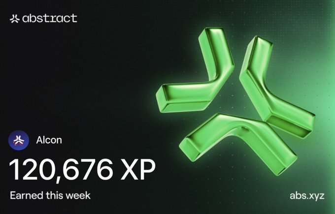 An Abstract XP card for user Alcon showing 120,676 XP earned this week, featuring the Abstract logo in glossy green 3D rendering against a dark green dotted background.
