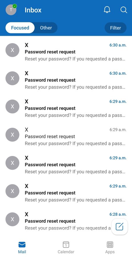 A mobile email inbox screenshot showing seven consecutive 'Password reset request' emails from X (formerly Twitter) received between 6:28 a.m. and 6:30 a.m.
