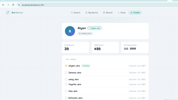 Arc Names profile page for user 'Alyan' (alyan.arc) showing 30 total names, $86 USDC spent, first registered Jul 1 2026, with a list of .arc domain names including alyan.arc, lenovo.arc, song.arc, toyota.arc, kia.arc, and bitcoin.arc.
