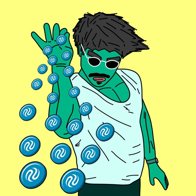 A cartoon illustration of a green-skinned character with sunglasses and a mustache wearing a white tank top, surrounded by floating blue swirl/swirl icons against a yellow background.