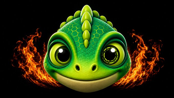 A green cartoon chameleon mascot with large expressive eyes is surrounded by flames against a black background, visually symbolizing the permanent burning of $LOXI liquidity by sending the LP tokens to a dead address. The fiery, defiant creature embodies the "fire and forget" nature of the irreversible token burn.