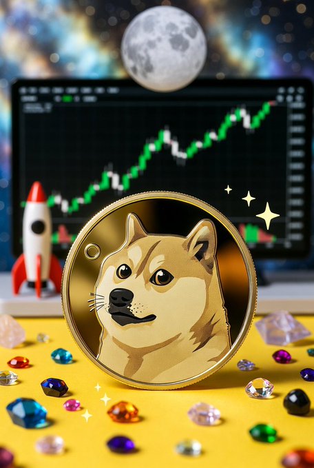 A digital illustration features a Dogecoin with a Shiba Inu dog face in the foreground, set against a background showing a stock chart with a rising green line, a moon, a rocket, and scattered gemstones.