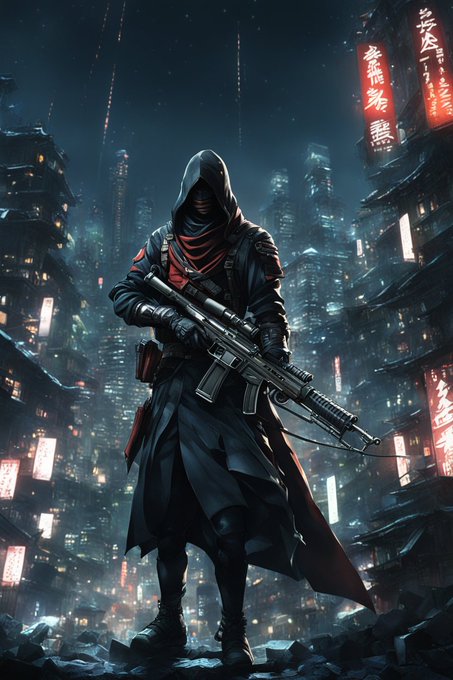 A hooded, masked figure in a long dark coat with red accents holds a large assault rifle while standing on debris against a cyberpunk cityscape backdrop illuminated by neon signs with Asian characters.