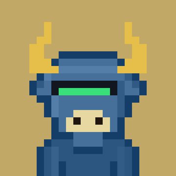 A pixel art illustration of a blue bull-like character wearing yellow horned armor with a green visor, created as part of the Bulltoshi NFT collection. The image serves as a promotional animation featuring the mascot, encouraging others to share their own Bull NFTs in the comments.