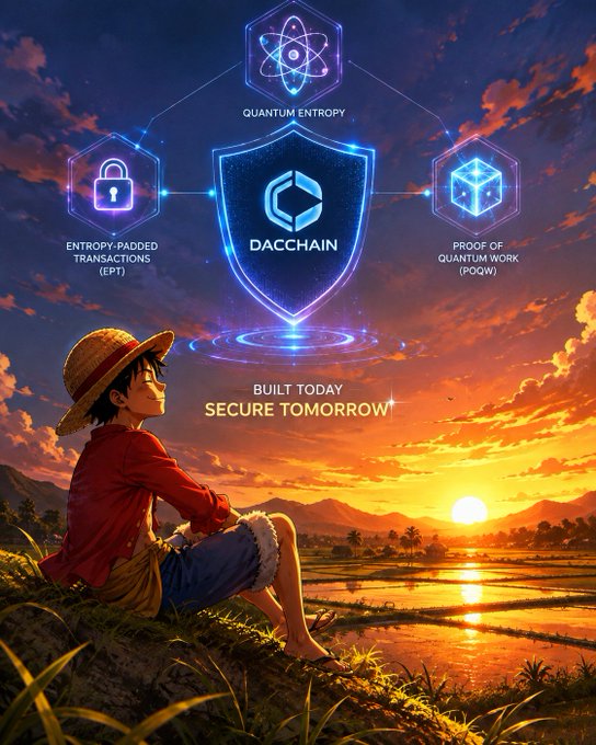 An anime-style character in a straw hat sits watching a sunset, with a glowing 'DACCHAIN' logo and features 'Quantum Entropy', 'Entropy-Padded Transactions (EPT)', and 'Proof of Quantum Work (POQW)' displayed above.