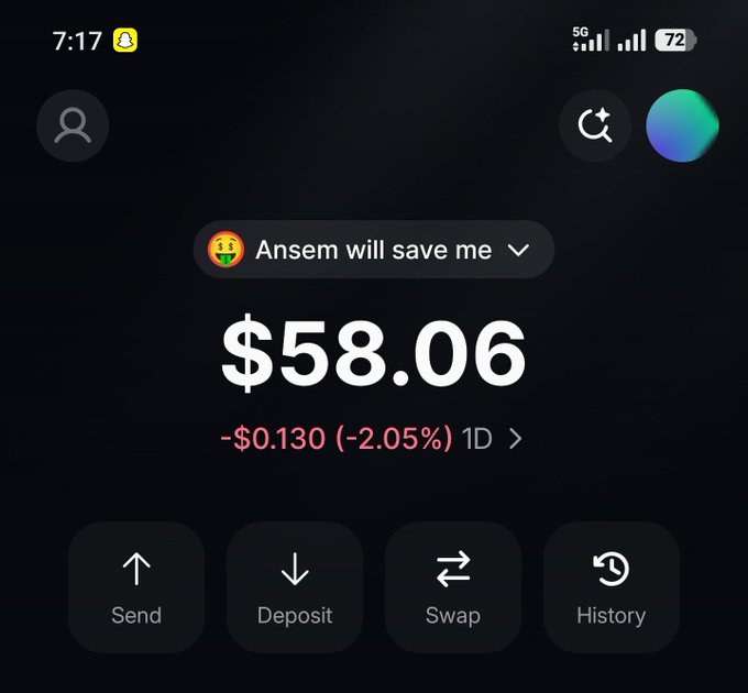 The image shows a Robinhood portfolio screenshot displaying a holding labeled "Ansem will save me" worth $58.06, down $0.130 (-2.05%) over 1D, with quick action buttons for Send, Deposit, Swap, and History. This captures the user's small crypto investment positioned as a high-risk bet on "Ansem" (a prominent crypto influencer), aligning with the post's optimistic claim of a $50-$100k moonshot.