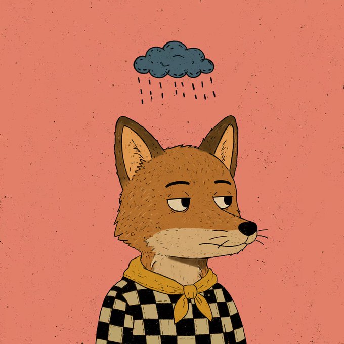 An illustration of a fox wearing a black and white checkered shirt with a yellow neckerchief, looking unimpressed under a small rain cloud on a salmon-colored background.