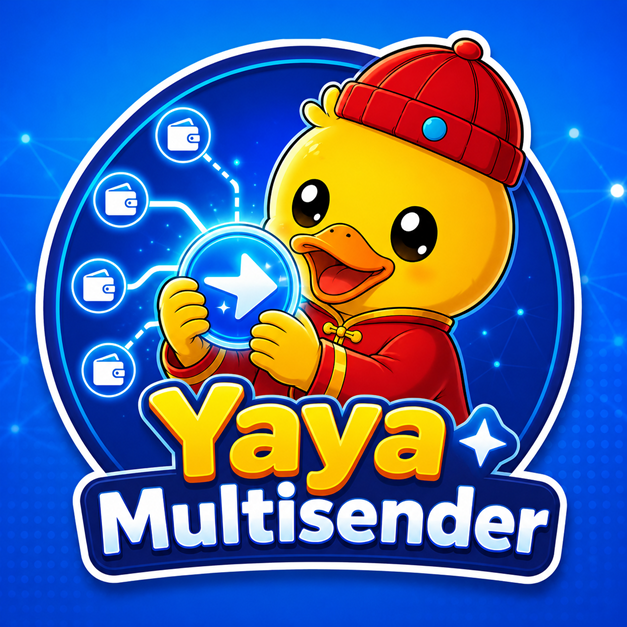 A logo/app icon featuring a cartoon yellow duck in a red traditional outfit and hat, holding a glowing arrow button, with text 'Yaya Multisender' on a blue background.