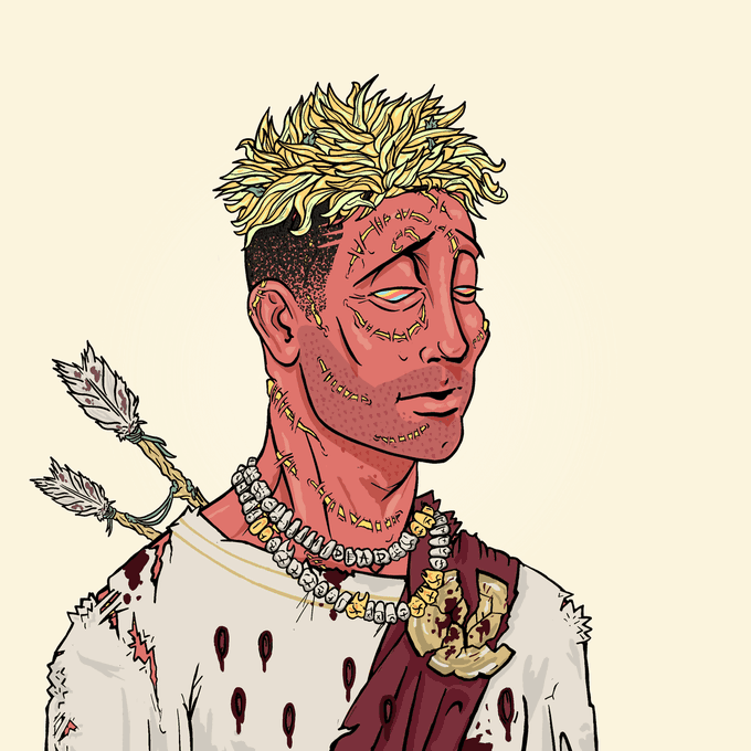 An illustrated artwork of a character with spiky blonde hair, facial stitches, and arrows piercing their shoulder, wearing layered shell necklaces and a blood-stained white shirt.