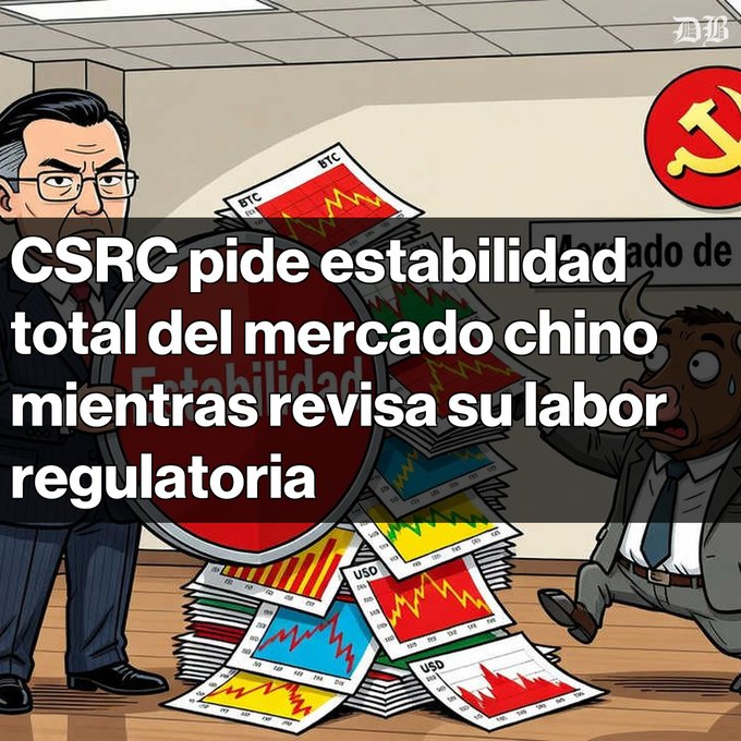 An illustrated news graphic with Spanish text 'CSRC pide estabilidad total del mercado chino mientras revisa su labor regulatoria' (CSRC demands total stability of Chinese market while reviewing its regulatory work), featuring Xi Jinping, a bull character, and charts.