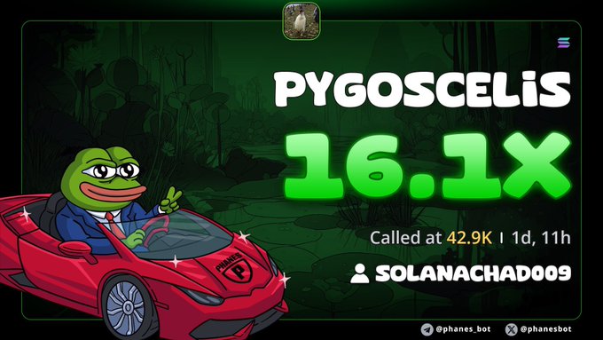 A crypto token announcement banner for PYGOSCELIS showing a 16.1x multiplier, with Pepe the Frog mascot in a red sports car, called at 42.9K by user SOLANACHAD009, with handles @phanes_bot.