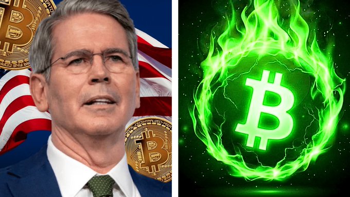 A composite image featuring a man in a suit on the left with American flags and Bitcoin coins, and a glowing green Bitcoin logo surrounded by flames on the right.