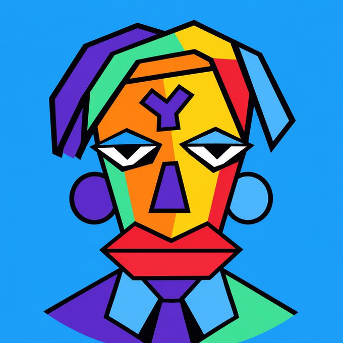 A colorful, geometric pop-art style illustration depicts a stylized face against a bright blue background.