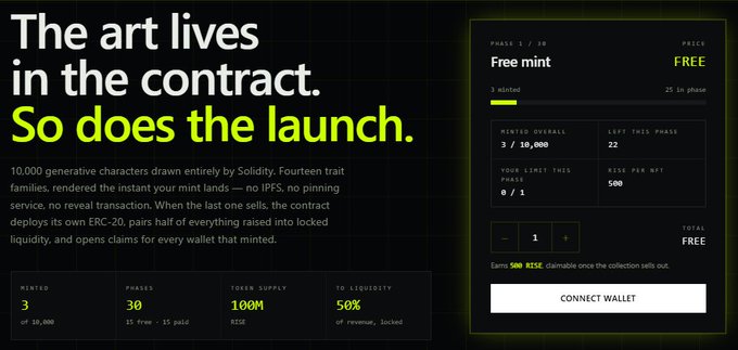 A dark-themed webpage titled 'The art lives in the contract. So does the launch.' for a 'Solidity NFT' free mint, showing Phase 1/30 details and a 'Connect Wallet' button.