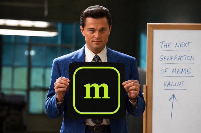 Leonardo DiCaprio's iconic "I'm selling" scene from *The Wolf of Wall Street* is recreated with him holding up the Memestonk logo in place of the stock, while a whiteboard reads "THE NEXT GENERATION OF MEME VALUE," visually reinforcing the post's announcement of a meme-trading platform with redeemable floor backing powered by @memestonkio.